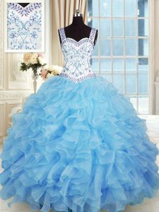 Baby Blue Organza Lace Up Quince Ball Gowns Sleeveless Floor Length Beading and Appliques and Ruffles
