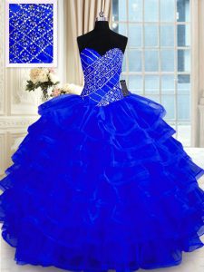 Dazzling Royal Blue Organza Lace Up Quince Ball Gowns Sleeveless Floor Length Beading and Ruffled Layers
