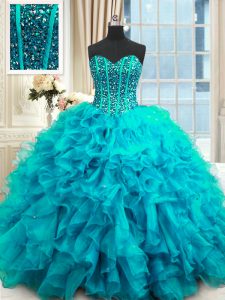 Wonderful Sleeveless Lace Up Floor Length Beading and Ruffles and Sequins Sweet 16 Dresses