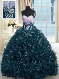 Popular Organza Sleeveless With Train Quinceanera Dress Brush Train and Beading and Ruffles