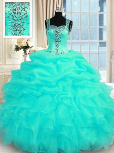 Custom Design Turquoise Sleeveless Floor Length Beading and Ruffles Zipper 15th Birthday Dress