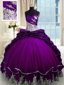 With Train Lace Up 15th Birthday Dress Purple for Military Ball and Sweet 16 and Quinceanera with Beading and Appliques and Pick Ups Brush Train
