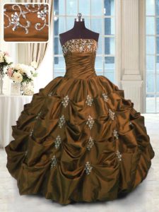 Brown Strapless Lace Up Beading and Pick Ups 15th Birthday Dress Sleeveless