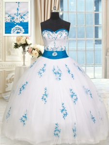 High Class White Ball Gowns Tulle Sweetheart Sleeveless Embroidery and Belt Floor Length Lace Up Quinceanera Gowns