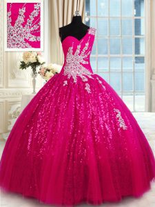 Hot Sale One Shoulder Hot Pink Tulle and Sequined Lace Up Vestidos de Quinceanera Sleeveless Floor Length Appliques