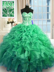 Sexy Sleeveless Floor Length Beading and Ruffles Lace Up Quinceanera Gowns with Turquoise