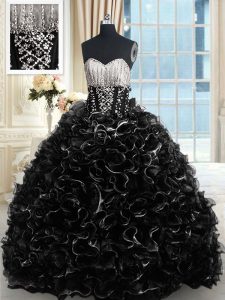 Sleeveless Brush Train Beading and Ruffles Lace Up Quinceanera Gown