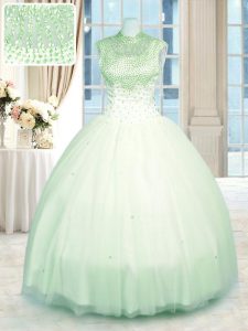 Unique Apple Green Sleeveless Floor Length Beading Zipper 15 Quinceanera Dress