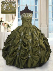 Classical Floor Length Olive Green Quinceanera Dresses Taffeta Sleeveless Beading and Appliques and Embroidery and Pick Ups