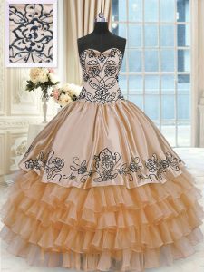 Sleeveless Floor Length Beading and Embroidery and Ruffles Lace Up 15th Birthday Dress with Orange
