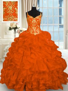 Adorable Spaghetti Straps Sleeveless Brush Train Lace Up Quinceanera Gown Orange Red Organza