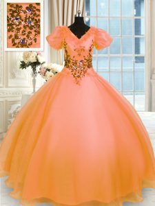 Pretty Organza V-neck Short Sleeves Lace Up Appliques 15th Birthday Dress in Orange