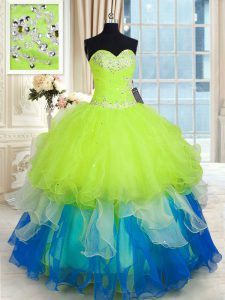Nice Sleeveless Organza Floor Length Lace Up Ball Gown Prom Dress in Multi-color with Beading and Ruffles