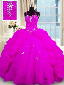 Pick Ups Floor Length Fuchsia Quinceanera Gowns Spaghetti Straps Sleeveless Lace Up