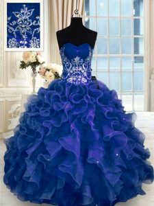 Navy Blue Sleeveless Floor Length Beading and Appliques and Ruffles Lace Up Sweet 16 Quinceanera Dress