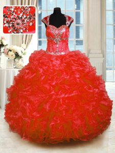 Lovely Straps Cap Sleeves Organza Quince Ball Gowns Beading and Ruffles Lace Up