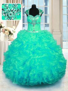 Traditional Turquoise Cap Sleeves Organza Lace Up Sweet 16 Dress for Military Ball and Sweet 16 and Quinceanera