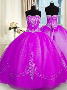 Traditional Purple Strapless Lace Up Beading and Embroidery Quinceanera Dress Sleeveless