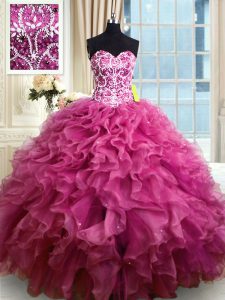 Amazing Floor Length Fuchsia 15th Birthday Dress Sweetheart Sleeveless Lace Up