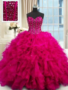 Fuchsia Sweet 16 Dresses Military Ball and Sweet 16 and Quinceanera with Beading and Ruffles and Sequins Sweetheart Sleeveless Lace Up