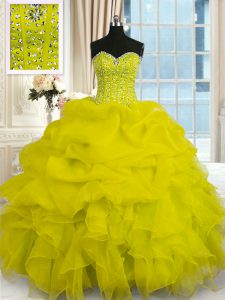 Beading and Ruffles Sweet 16 Dresses Yellow Lace Up Sleeveless Floor Length