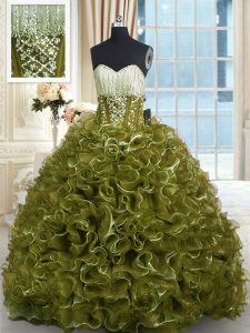 Beading and Ruffles Quinceanera Gowns Olive Green Lace Up Sleeveless With Brush Train