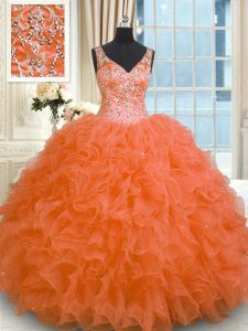 Custom Fit Orange Red Ball Gowns V-neck Sleeveless Organza Floor Length Zipper Beading and Ruffles Ball Gown Prom Dress