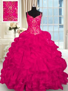 Hot Pink Spaghetti Straps Lace Up Beading and Embroidery and Ruffles 15th Birthday Dress Brush Train Sleeveless