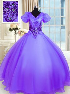 Lavender Ball Gowns Organza V-neck Short Sleeves Appliques Floor Length Lace Up Sweet 16 Dress