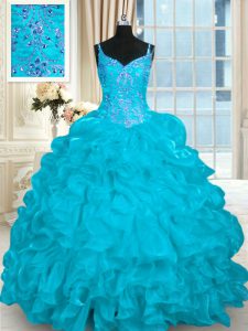 Pretty Brush Train Ball Gowns Ball Gown Prom Dress Aqua Blue Spaghetti Straps Organza Sleeveless Lace Up