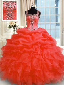 Artistic Ball Gowns Sweet 16 Quinceanera Dress Red Straps Organza Sleeveless Floor Length Zipper