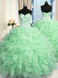 On Sale Organza Sweetheart Sleeveless Lace Up Beading and Ruffles Quince Ball Gowns in Apple Green
