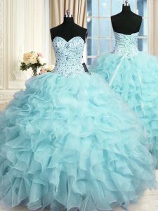 Flare Ball Gowns Vestidos de Quinceanera Aqua Blue Sweetheart Organza Sleeveless Floor Length Lace Up