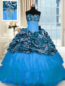 Baby Blue Organza and Printed Lace Up Sweetheart Sleeveless Sweet 16 Quinceanera Dress Sweep Train Beading and Ruffled Layers