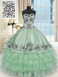 Top Selling Sleeveless Floor Length Beading and Embroidery and Ruffled Layers Lace Up 15th Birthday Dress with Apple Green