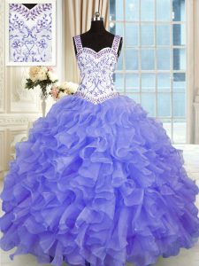 Floor Length Lace Up Quinceanera Dresses Purple for Military Ball and Sweet 16 and Quinceanera with Beading and Appliques and Ruffles