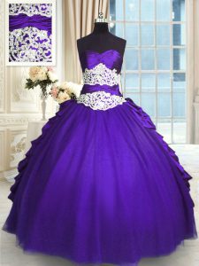 Trendy Sleeveless Lace Up Floor Length Beading and Lace and Appliques and Ruching and Pick Ups Quince Ball Gowns