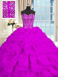 Decent Purple Organza Lace Up Sweetheart Sleeveless With Train Sweet 16 Dress Brush Train Beading and Ruffles