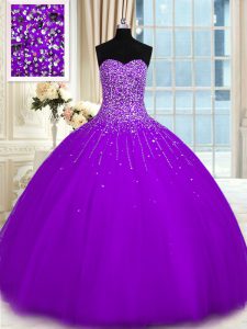 Purple Ball Gowns Sweetheart Sleeveless Tulle Floor Length Lace Up Beading 15 Quinceanera Dress
