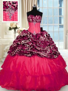 Printed Beading and Ruffled Layers Sweet 16 Quinceanera Dress Red Lace Up Sleeveless Sweep Train