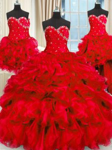 High Class Four Piece Red Sweetheart Lace Up Beading and Ruffles and Ruching 15th Birthday Dress Sleeveless