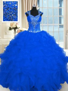 Suitable Organza Cap Sleeves Floor Length Ball Gown Prom Dress and Beading and Ruffles