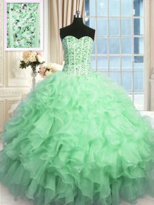 Dazzling Organza Sweetheart Sleeveless Lace Up Beading and Ruffles and Sequins Vestidos de Quinceanera in Apple Green