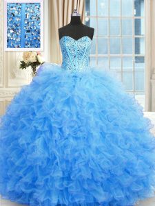Romantic Baby Blue Sleeveless Floor Length Beading and Ruffles Lace Up Quince Ball Gowns