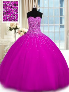 Modest Fuchsia Sleeveless Tulle Lace Up Quinceanera Gown for Military Ball and Sweet 16 and Quinceanera