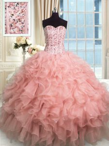 Inexpensive Rose Pink Lace Up Quince Ball Gowns Beading and Ruffles Sleeveless Floor Length