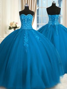 Teal Sweetheart Neckline Appliques and Embroidery Ball Gown Prom Dress Sleeveless Lace Up