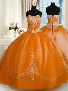 Rust Red Sleeveless Floor Length Beading and Embroidery Lace Up Quinceanera Dresses