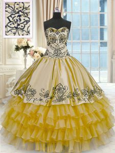 Gold Lace Up Sweetheart Beading and Embroidery and Ruffled Layers Sweet 16 Quinceanera Dress Organza and Taffeta Sleeveless