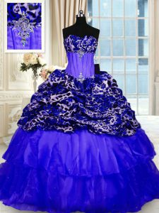 Simple Royal Blue Ball Gowns Sweetheart Sleeveless Organza and Printed Sweep Train Lace Up Beading and Ruffled Layers and Sequins Quince Ball Gowns